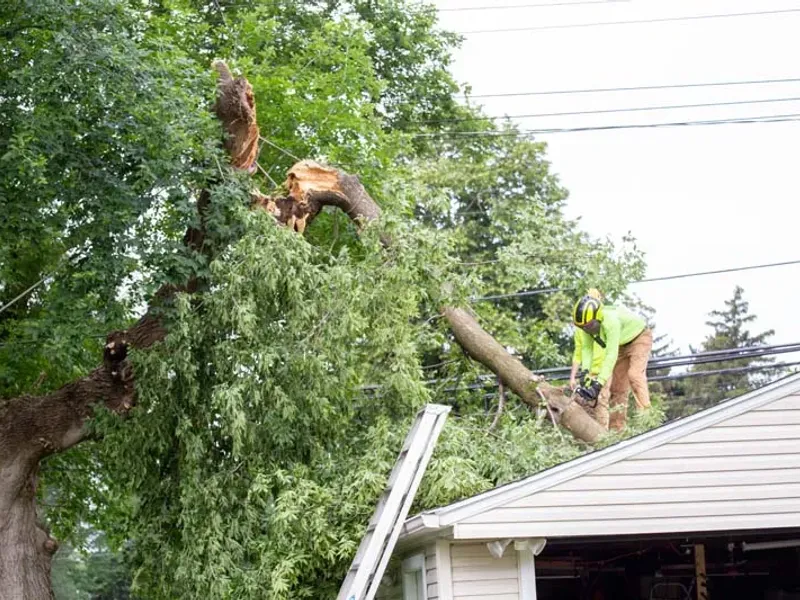 Large storm damaged tree limb resting on a house roof near power lines